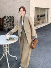 テーラードジャケット ワイドパンツ セットアップ レディース デニム パッチワーク フェイクレイヤード ルーズ カジュアル 韓流 秋