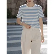 ベーシック ブルー&ホワイトストライプ コットンラウンドネック半袖Tシャツ