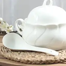 金彩付きの大きな陶器スープスプーン【長柄・家庭用・シンプルデザイン】