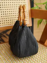 シルク製 竹節デザインの軽量ハンドバッグ【新中式・黒】