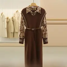 デザイン性のあるニットワンピース【レイヤード風・アプリケーション付き・冬用】（セットアップ対応）
