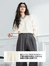 LAGOGO Vネックバイカラーストライプ落肩ニットトップス【女性用・NCMM439G76】