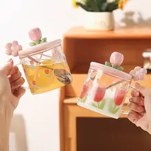 チューリップデザインのカートンガラスカップ【可愛い・オフィス・ミルク・コーヒー用】