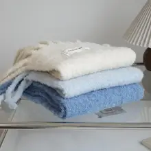 大判マフラー レディース ロング ウール混 大きめフリンジ ふんわり あったか 厚手 ブルー インスタ映え 冬