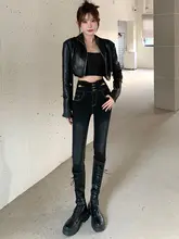 高腰デニムスキニーパンツ【裏起毛・冬用・ブラック・フィット感抜群】（セットアップ対応）