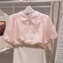 ピンクシフォンシャツ【夏用・パフスリーブ・オシャレ・ショートスリーブ】