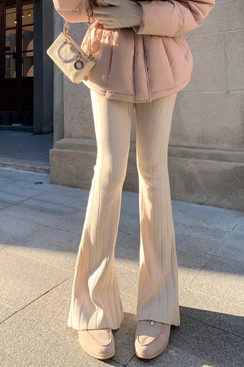 Lilylikes 超細針編みフレアパンツ【30％ウール・ストライプデザイン・ロングレッグ】