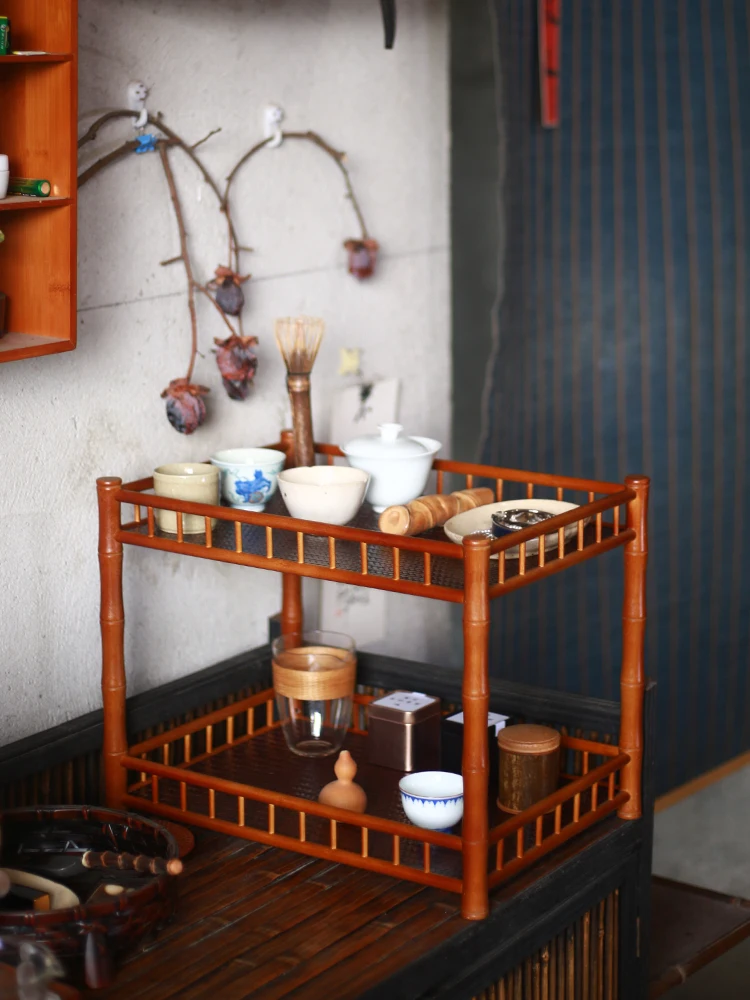 竹製茶具収納ラック：紫竹のテーブル棚が茶室で実現する収納効率と美しさ