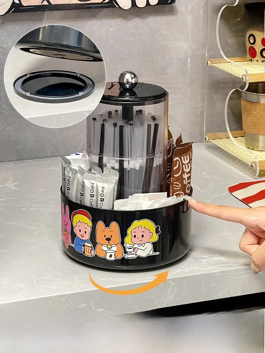 可愛いコーヒー角卓上プレス式昇降ストロー収納ボックス： 事務用品の便利さを実現するデスク用収納解決策