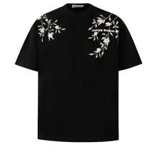 花柄刺繍入りコットン半袖Tシャツ【ユニセッ��クス・ルーズフィット・カジュアル】