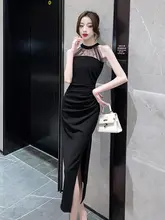 デザイン感溢れるメッシュ切替ネックホルダーサマードレス【ハイウエスト・スリット・ロング・女性用】