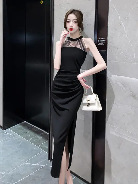 デザイン感溢れるメッシュ切替ネックホルダーサマードレス【ハイウエスト・スリット・ロング・女性用】