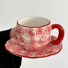 Oranges 限定ヴィンテージ風手描き染色ローズコーヒーカップ&ソーサー【アフタヌーンティー用・ラテカップ・ギフトに最適】