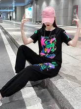 夏用コットン製ダンスウェア【プリントTシャツ・フィットネス用・束脚パンツ・運動カジュアル】（セットアップ対応）