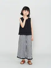 女の子用 花柄デザインの九分丈チェックワイドパンツ【フィット・親子コーデ対応】