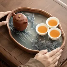 山水デザインのガラス製小型茶盤【家庭用・茶道具収納用】