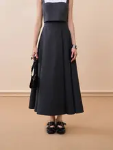 秋季グレー系学院風ハイウエストAラインロングフレアスカート（セットアップ対応）