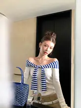 デザイン感あふれる撞色ストライプリボンデザインニットトップス