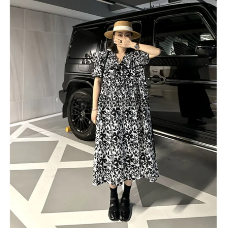 フラワープリント系リボン付きロングワンピース【大きいサイズ・ゆったりデザイン・スタイルアップ効果】（セットアップ対応）