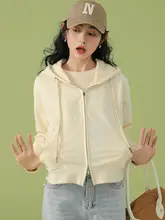 フード付き レディース ゆったり ショートトップス【ジッパーデザイン・クリーム色】