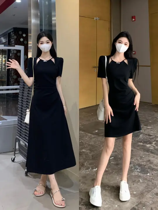 レディース 夏用 ラウンドネック レースデザインの黒ワンピース【ウエスト絞り・大きいサイズ・シンプルスタイル】