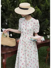 フレンチスタイルのラウンドネックコットンフラワープリントロングドレス