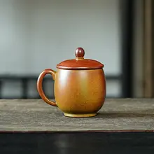 手作り紫砂茶杯【個人用・オフィス・家庭用・泥絵柄・フタ付き】