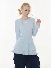 デザイン感のあるフリル付きドット柄長袖トップス【秋春用・百褶裾】