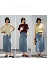 デニムのストレートカット前開きポケット付きスカート【春夏用・女性用】