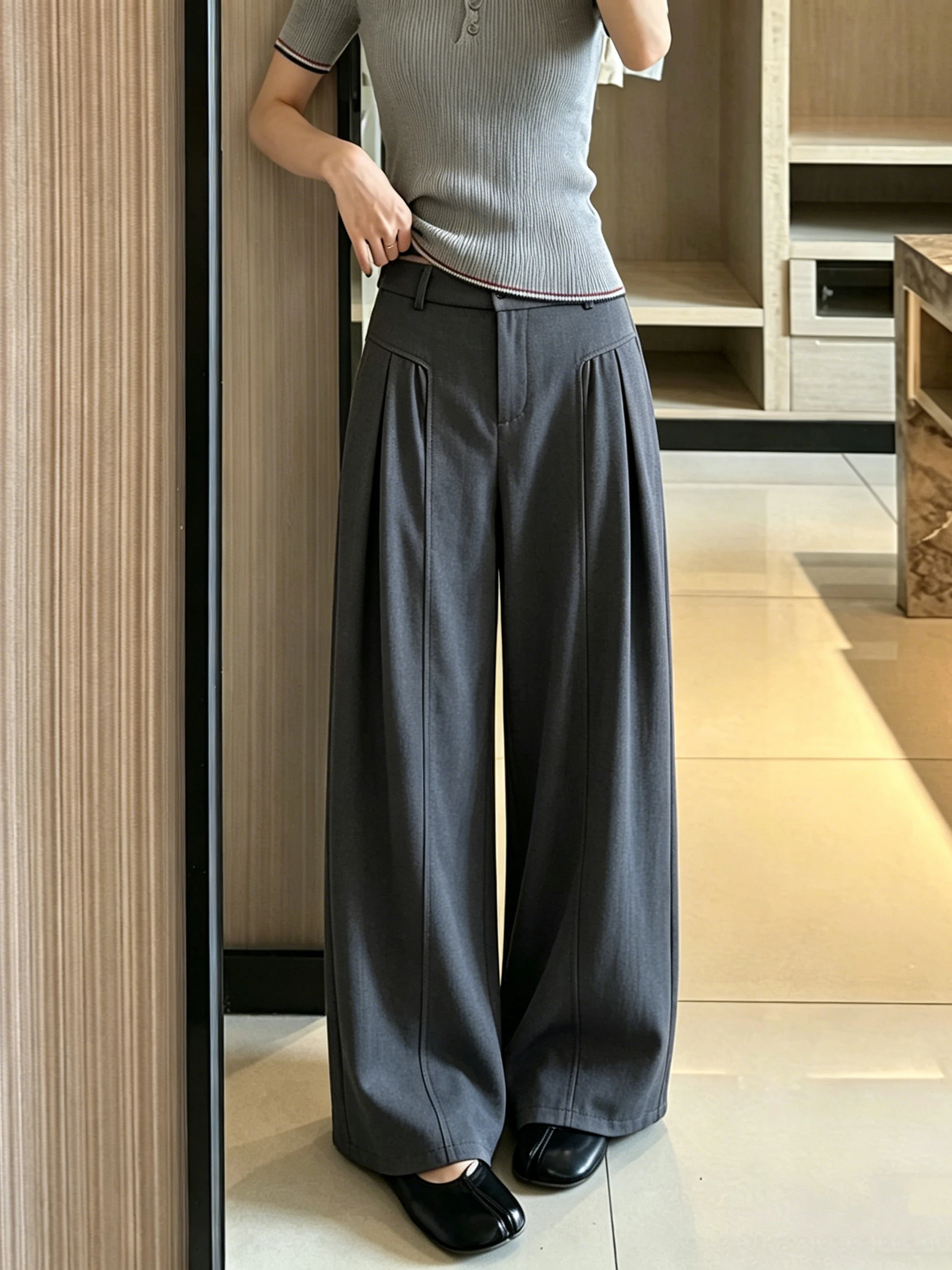 ターコイズブルー パンツ おすすめモデル：蔵青色の天竺コットンリネン製ウィメンズスーツパンツ
