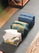 レトロデザインの布製ティッシュボックス【麻混素材・リビング用・古画デザイン】