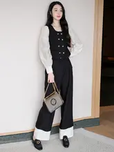 2点セット レディース トップス カジュアルパンツ ダブルブレスト パッチワーク プリーツ ストレート おしゃれ