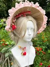 麦わら帽子 レディース スイートロリータ いちごモチーフ 六芒星 ハンドメイド 撮影用 インスタ映え