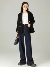 快適なストレッチ高腰デニムパンツ【シンプル・直筒・ワイドレッグ】（セットアップ対応）