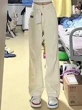 秋冬用 レディース 米白色ストレートデニムパンツ【大きいサイズ・学生向け・非常に魅力的なデザイン】