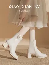 パール付きハイヒールマーチンブーツ【ホワイト・ブロックヒール・チェルシー短靴】