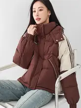 スタイリッシュなデザインの短丈フード付きダウンジャケット【秋冬用・カラーコンビネーション】