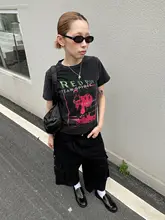 レトロキャラクター柄ウォッシュド加工半袖Tシャツ【夏用・クルーネック・ショート丈】