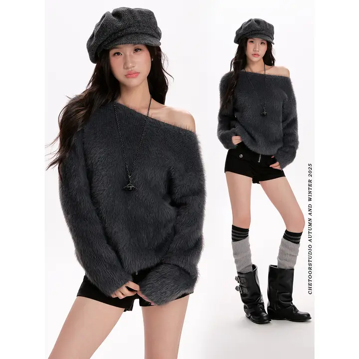 グレーオフショルダーニットトップス【秋冬用・ゆったり・極上の柔らかさ】（セットアップ対応）