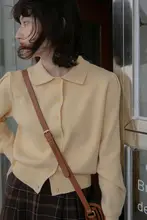 ポロカラー短丈ニットカーディガン【秋用・女性用・スリムフィット・インナーとして最適】