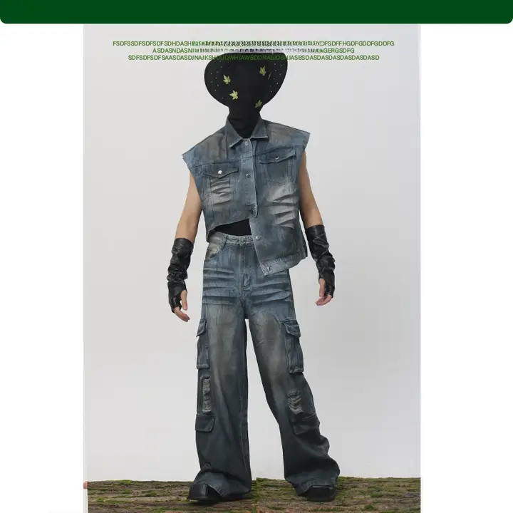 グラデーションウォッシュデザインのヴィンテージ風デニムベストジャケット【ノースリーブ・テクスチャー】