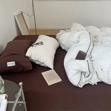 純棉製 シングル用ボーダー柄ベッドカバー【水洗い可能・極上の柔らかさ・敷きカバー付き】（セットアップ対応）