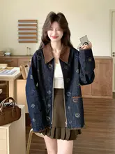 レトロ刺繍デニムジャケット【光沢感あるコーデュロイ・ラフなファスナー付き・カジュアルデザイン】