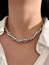 プラチナグレーのダブルラップ麻花パールネックレス【強冷光・重ね着け対応】