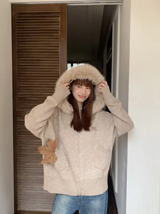 フード付きファー襟ニットカーディガン【スタイル・ジッパー・秋用】