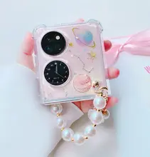 防摔透明スマートフォンケース【Huawei Pocket 2対応・女性向け・長背パーツ付き・斜め掛け・折りたたみ式】