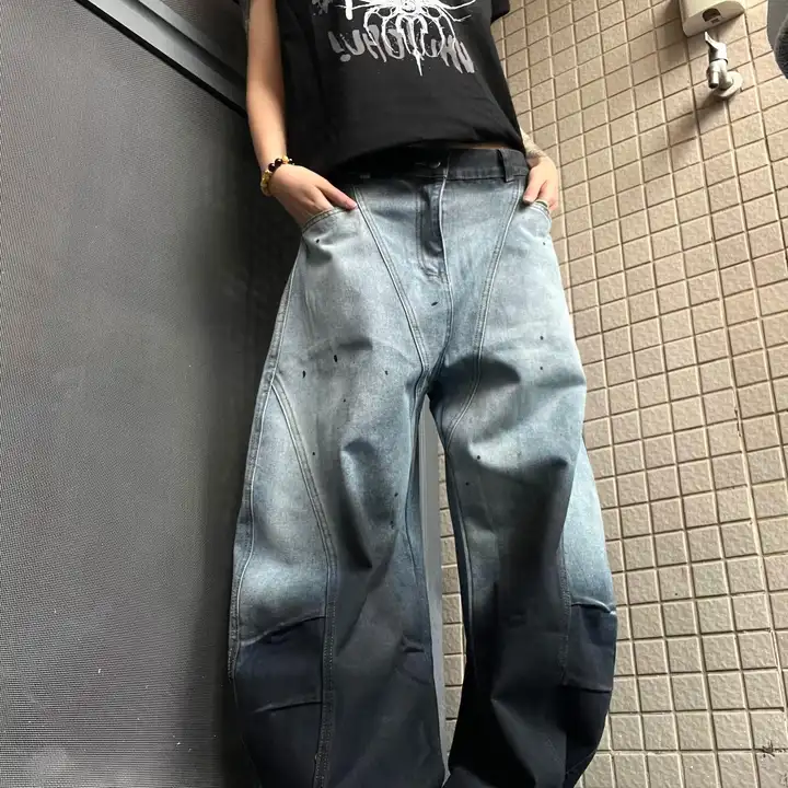 ユニセックス レトロ風 グラデーションデニムパンツ【ゆったりとした直筒シルエット・カジュアルスタイル・カップル向け】（セットアップ対応）