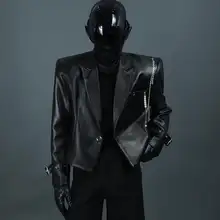 黒の金属チェーン付きパッド肩男子ジャケット【PUレザー・スタイリッシュショート】
