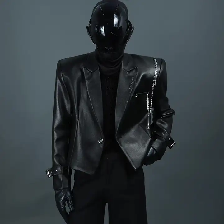 黒の金属チェーン付きパッド肩男子ジャケット【PUレザー・スタイリッシュショート】