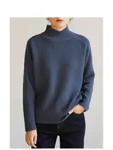 通勤用 ウール混 半高ネックニットセーター【女性用・ホワイト・ゆったりデザイン】